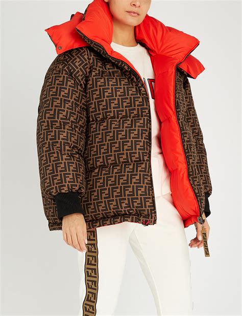 fendi logo print reversible padded shell down jacket|fendi brown nylon jacket.